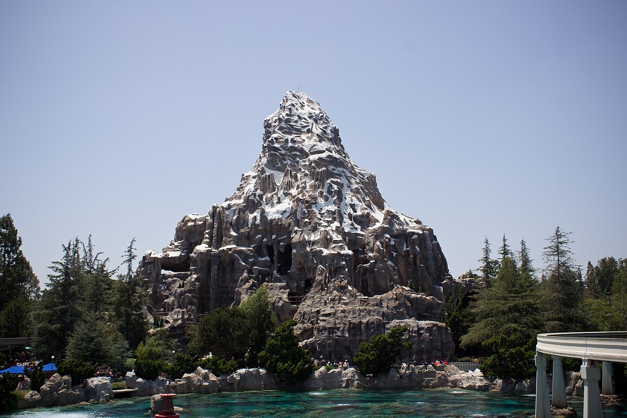 The Matterhorn Bobsleds at Disneyland, rising from the lagoon on a clear day